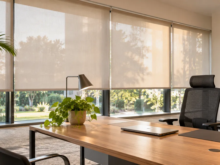 Oficina con cortinas roller en un ventanal